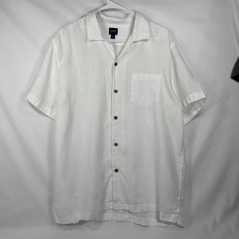 J.Crew White Short Sleeve Linen Camp Collar Button Down Shirt – Size Large (L)